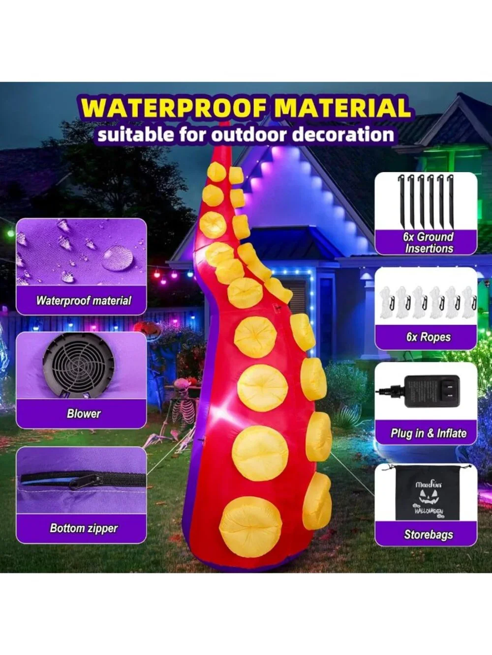 Inflatable Halloween Octopus Tentacles with LED Lights - Outdoor Yard Decoration
